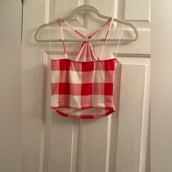 Size small red white checkered plaid cross front back straps cropped crop tank - Picture 2 of 4